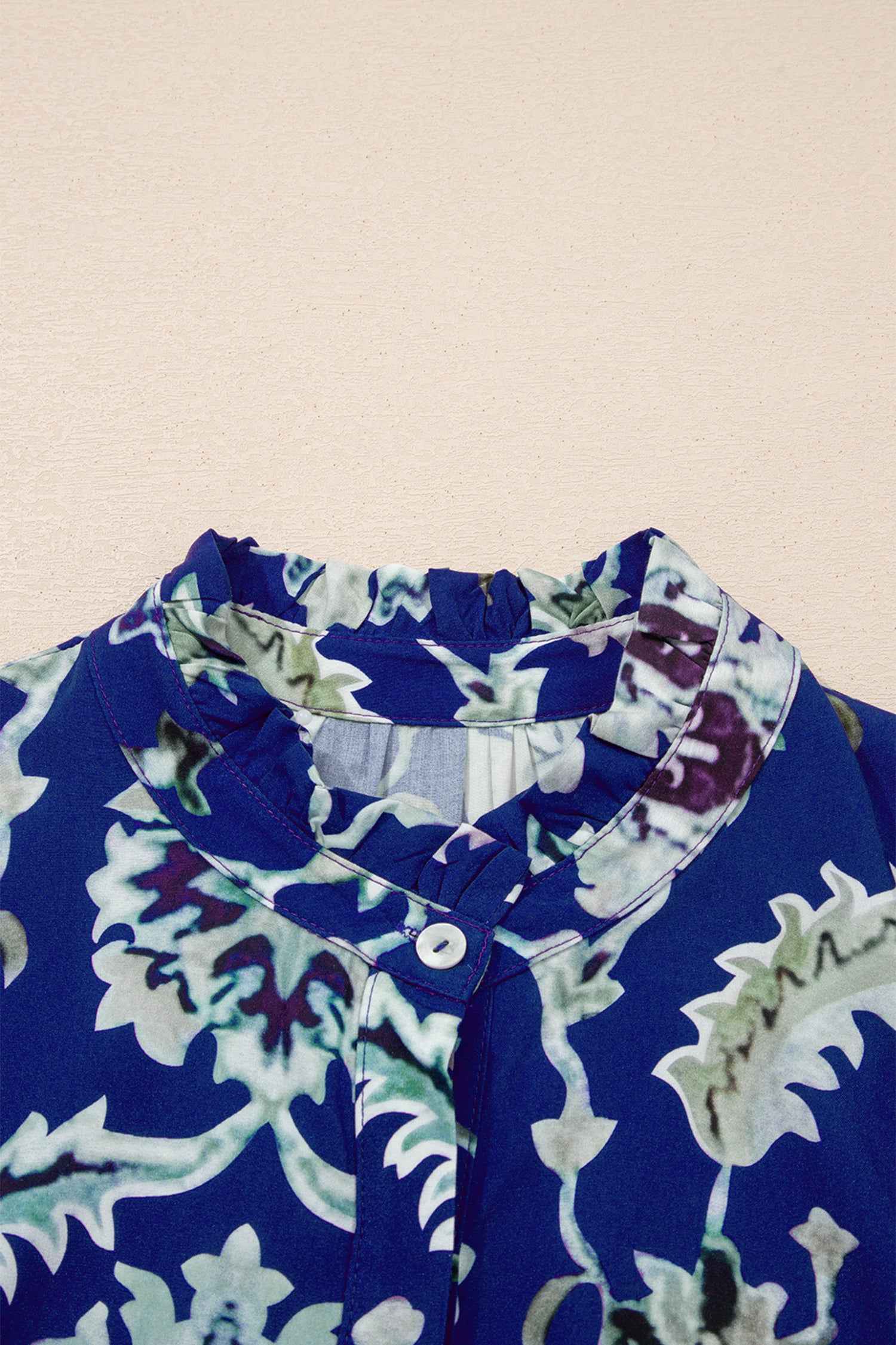 Blue Wild Floral Print Frilled Collar Half Sleeve Long Dress