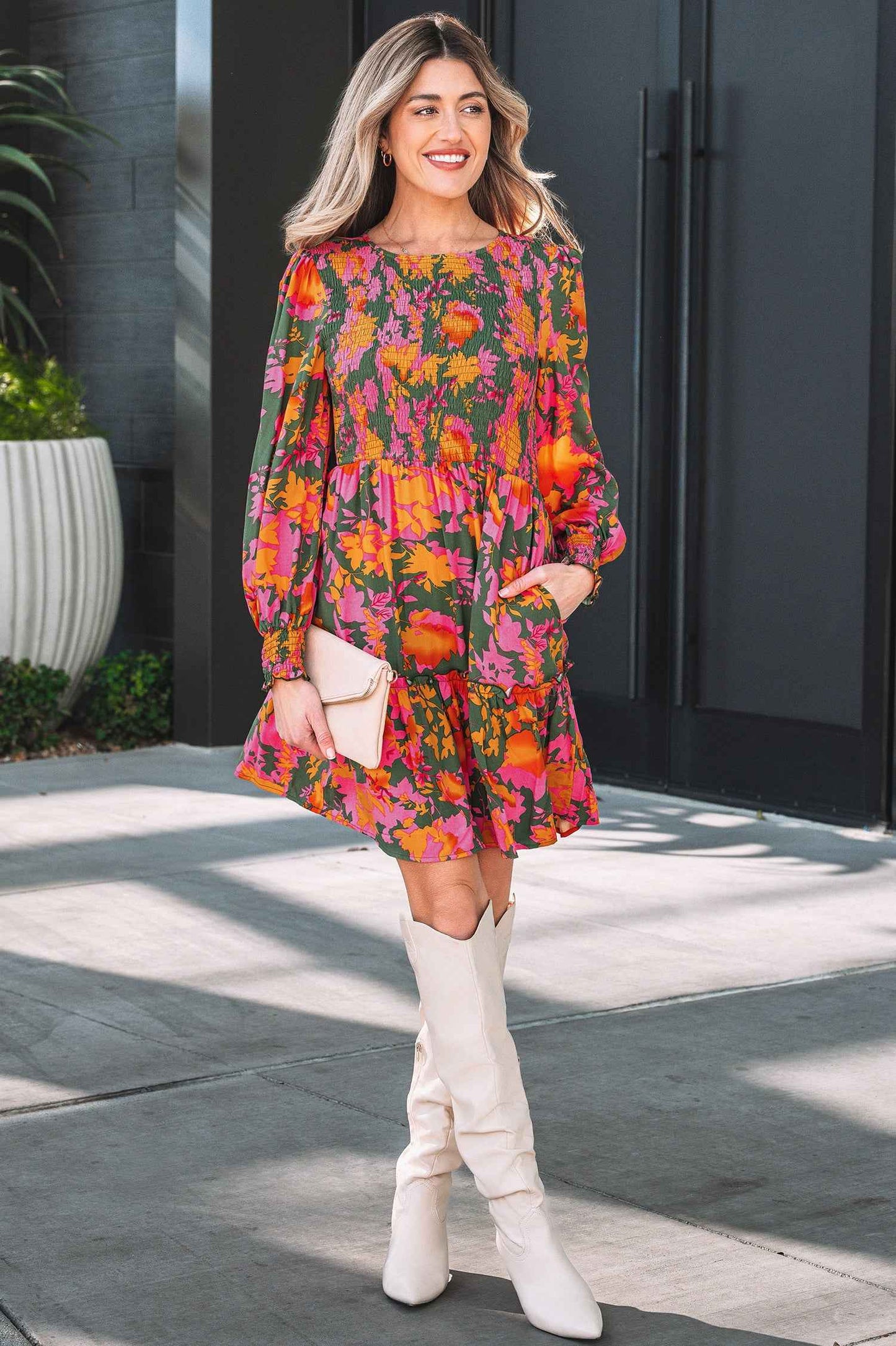 Multicolour Floral Print Long Sleeve Smocked Ruffled Mini Dress