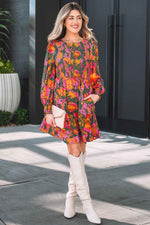 Multicolour Floral Print Long Sleeve Smocked Ruffled Mini Dress