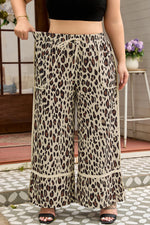 Khaki Exposed Seam Patched Pocket Plus Size Drawstring Leopard Wide Leg Pants - MarkoFit