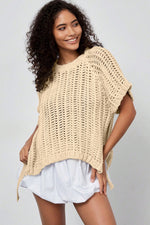 Apricot Plus Size Open Knit Bow Tie Short Sleeve Sweater - MarkoFit