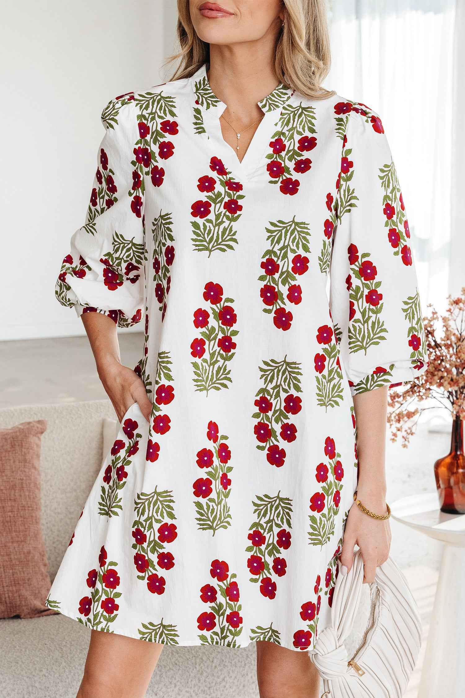 White Floral Print V Neck 3/4 Sleeve Loose Mini Dress