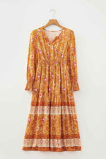Orange Floral Print Smocked Waist Long Sleeve Boho Maxi Dress