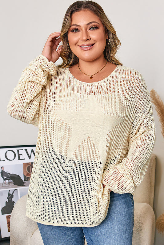 Parchment Hollow Out Knit Star Pattern Accent Plus Size Jumper - MarkoFit