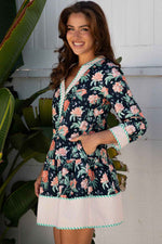 Blue Floral Print Striped Trim V Neck Long Sleeve Ruffle Hem Shift Mini Dress