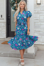 Blue Floral Flutter Sleeve Button Tie Split Neck Belted Long Dress - MarkoFit