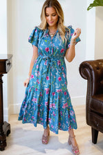 Blue Floral Flutter Sleeve Button Tie Split Neck Belted Long Dress - MarkoFit