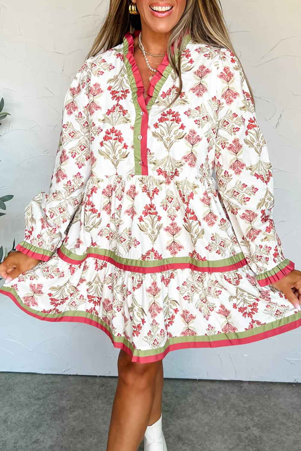 Pink Floral Print Contrast Trim Frilled Neck Long Sleeve Flared Dress