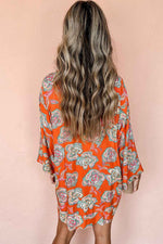 Red Floral Print Lapel Collar Loose Shirt Mini Dress