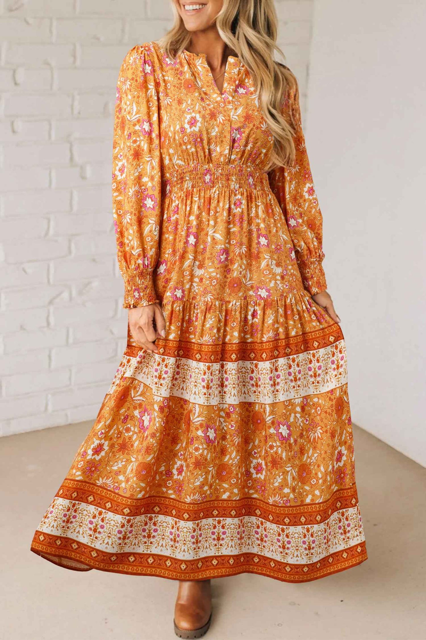 Orange Floral Print Smocked Waist Long Sleeve Boho Maxi Dress