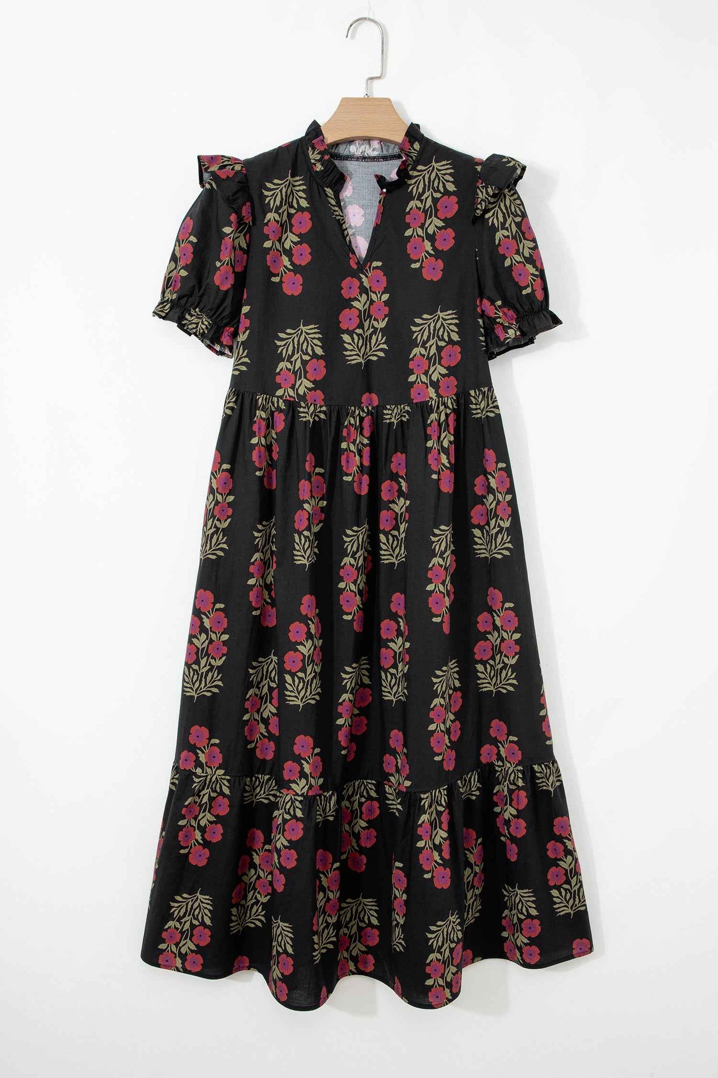 Black Floral Short Bubble Sleeve Tiered Maxi Dress
