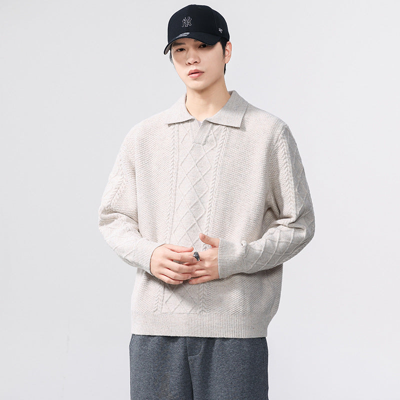 Solid Color Casual Turn-Down Collar Knit Sweater Men Loose Fit Sweater - MarkoFit