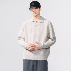 Solid Color Casual Turn-Down Collar Knit Sweater Men Loose Fit Sweater - MarkoFit