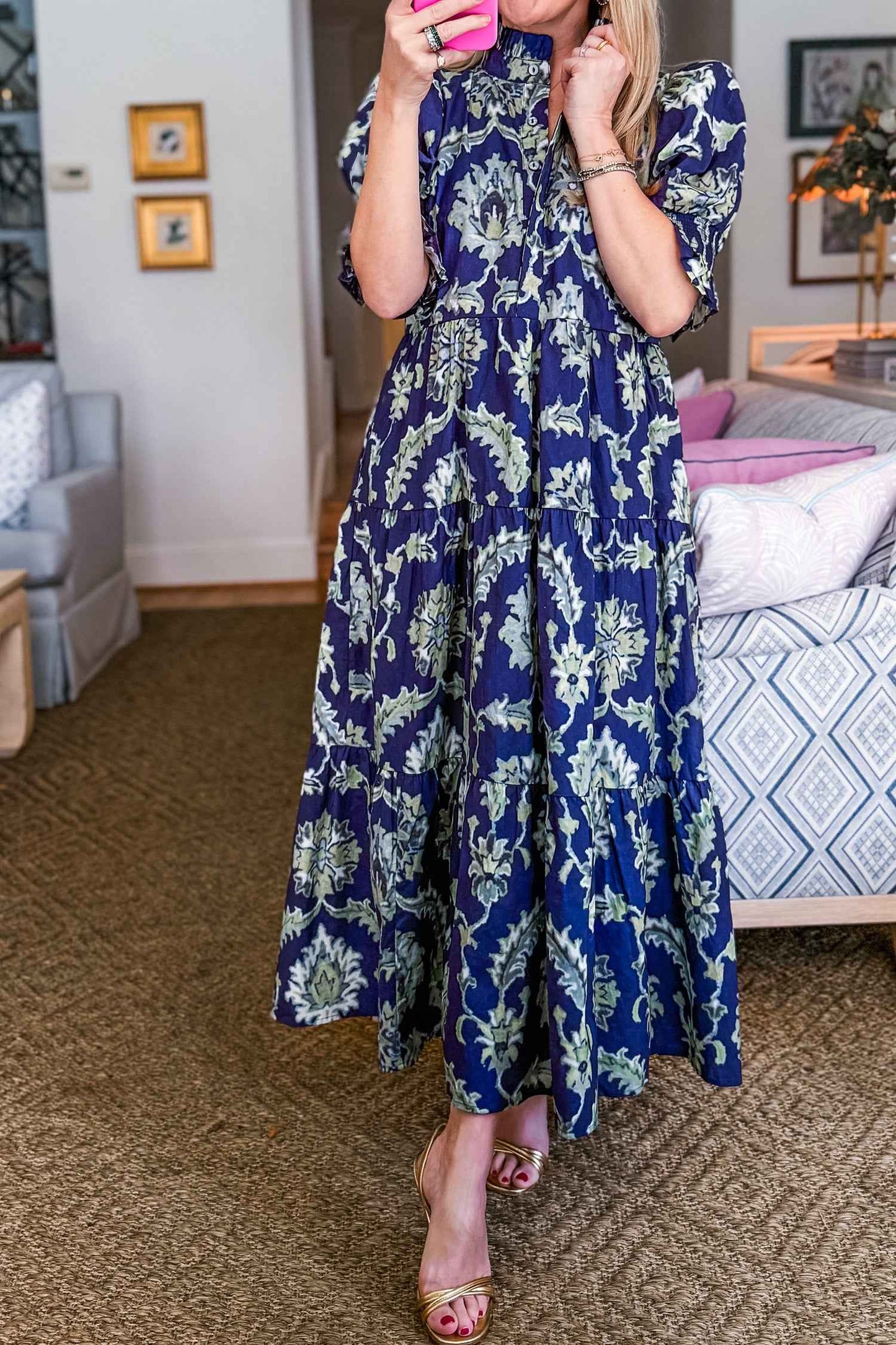 Blue Wild Floral Print Frilled Collar Half Sleeve Long Dress