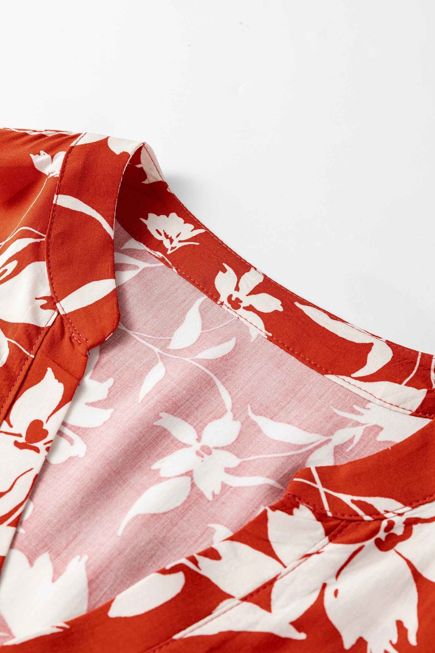 Red Boho Floral Print Lettuce Trim 3/4 Sleeve Mini Dress