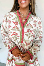 Pink Floral Print Contrast Trim Frilled Neck Long Sleeve Flared Dress