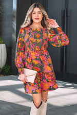 Multicolour Floral Print Long Sleeve Smocked Ruffled Mini Dress