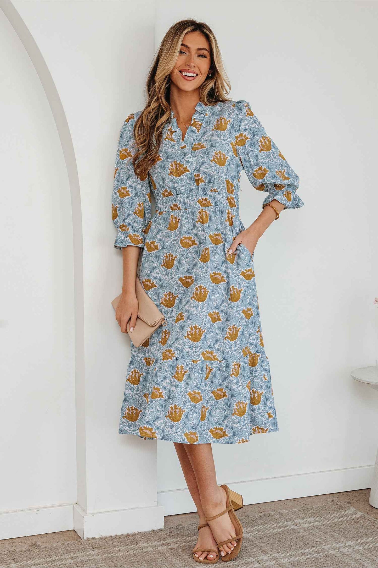 Brown Floral Printed Frilled V Neck Bracelet Sleeve Long Dress