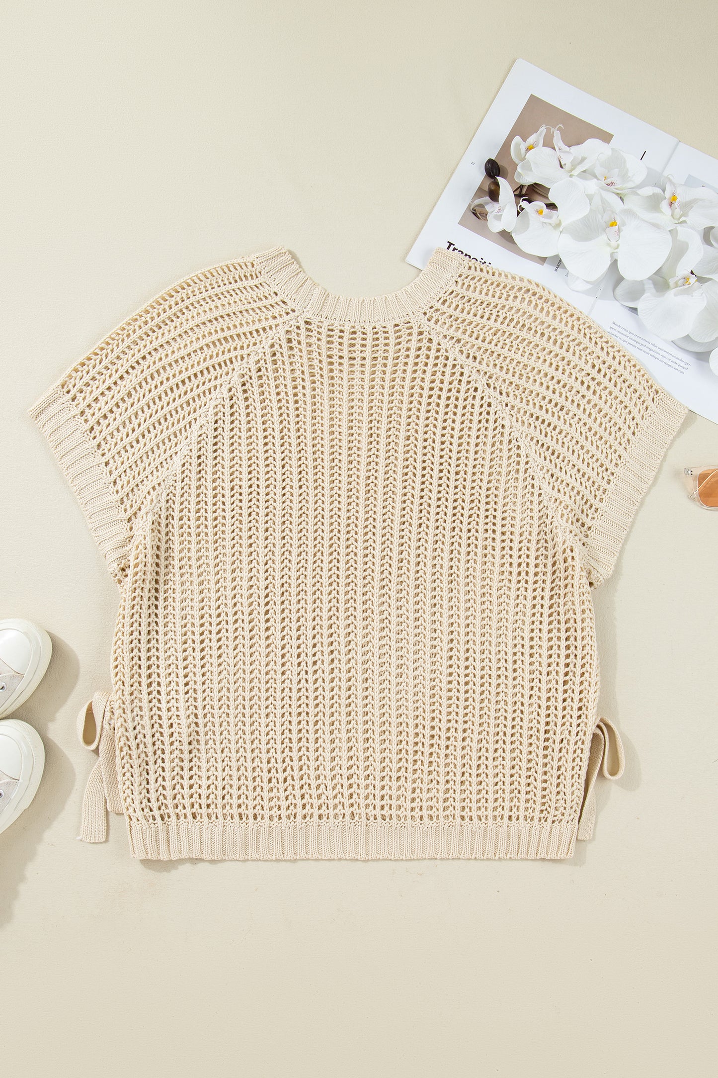 Apricot Plus Size Open Knit Bow Tie Short Sleeve Sweater - MarkoFit