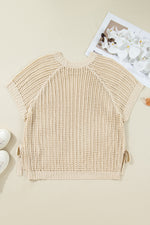 Apricot Plus Size Open Knit Bow Tie Short Sleeve Sweater - MarkoFit