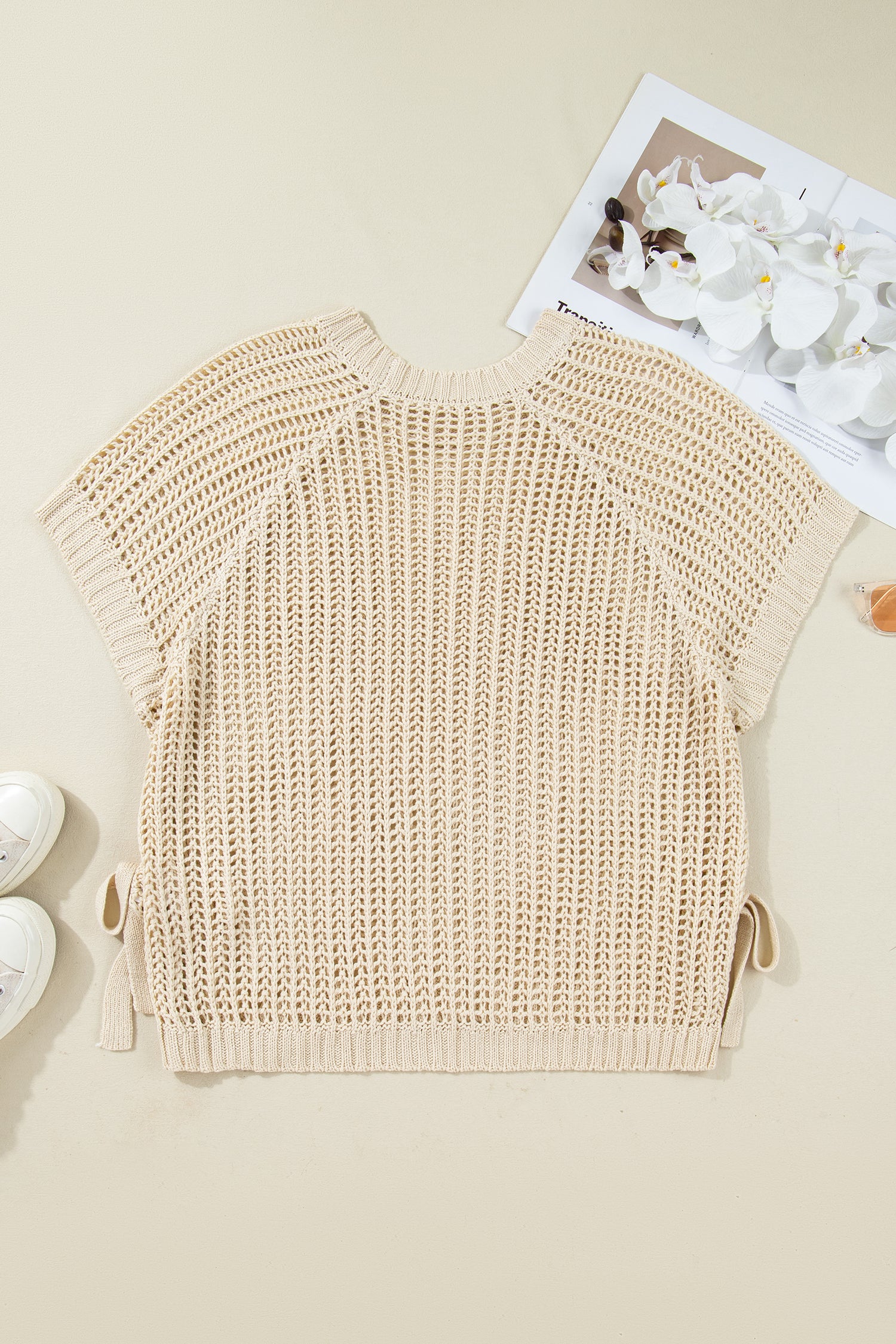 Apricot Plus Size Open Knit Bow Tie Short Sleeve Sweater - MarkoFit