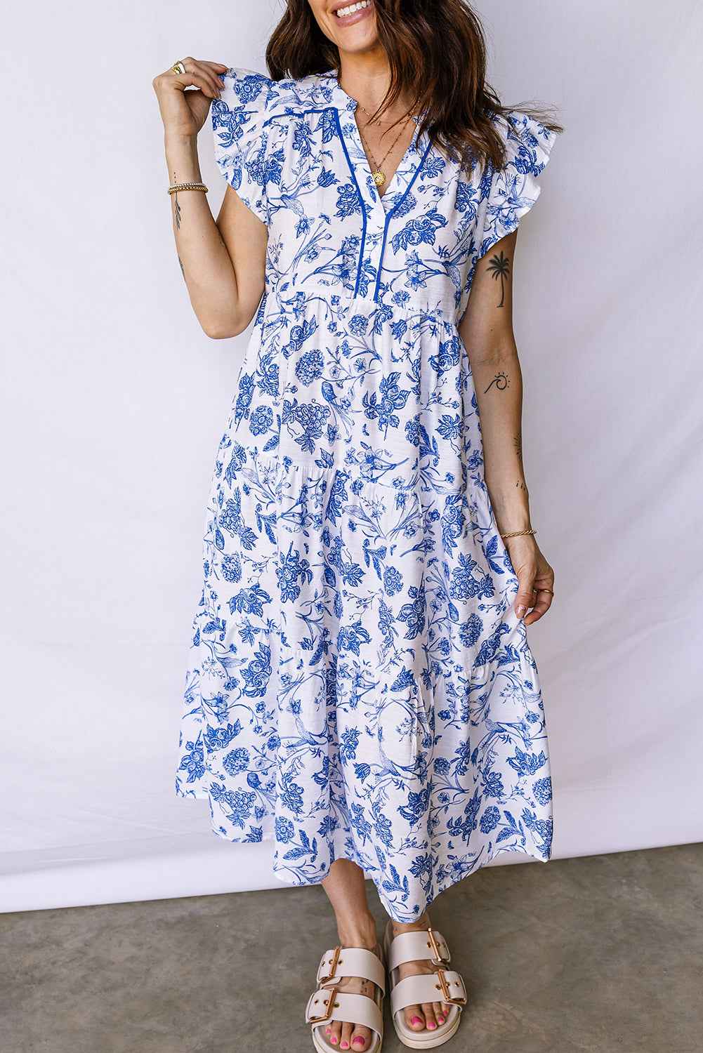 Blue Ruffled Short Sleeve Tiered Floral Midi Dress