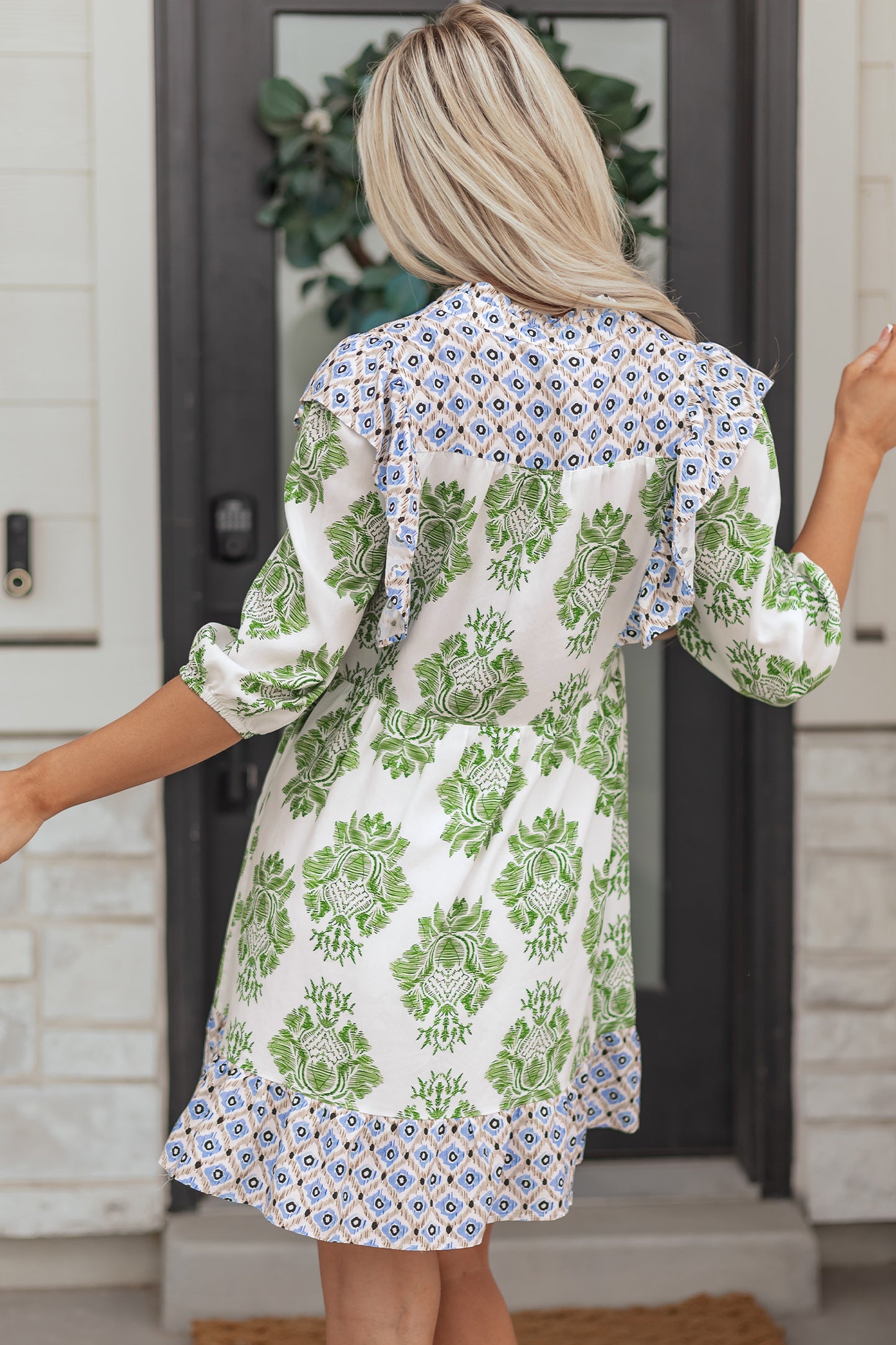 Green Floral Print Contrast Patchwork Ruffle Detail Mini Dress - MarkoFit