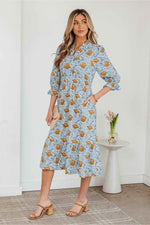 Brown Floral Printed Frilled V Neck Bracelet Sleeve Long Dress