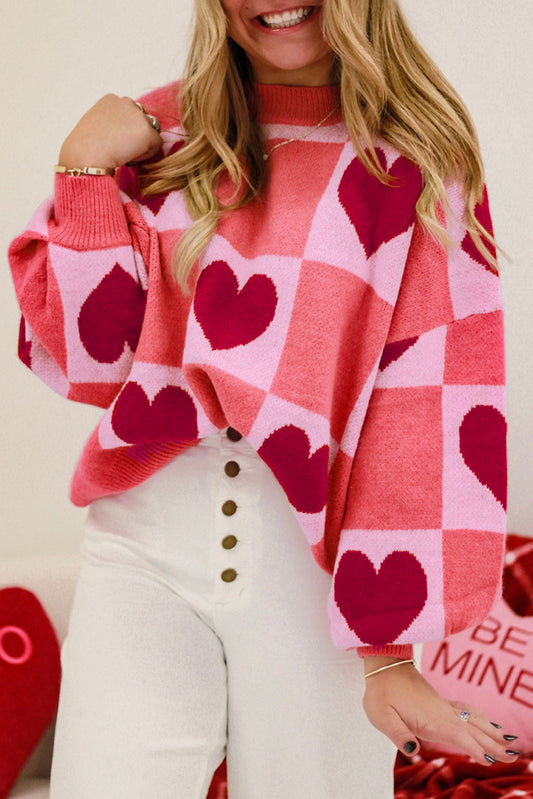 Pink Plus Size Love Heart Block Mock Neck Lantern Sleeve Valentine Sweater - MarkoFit