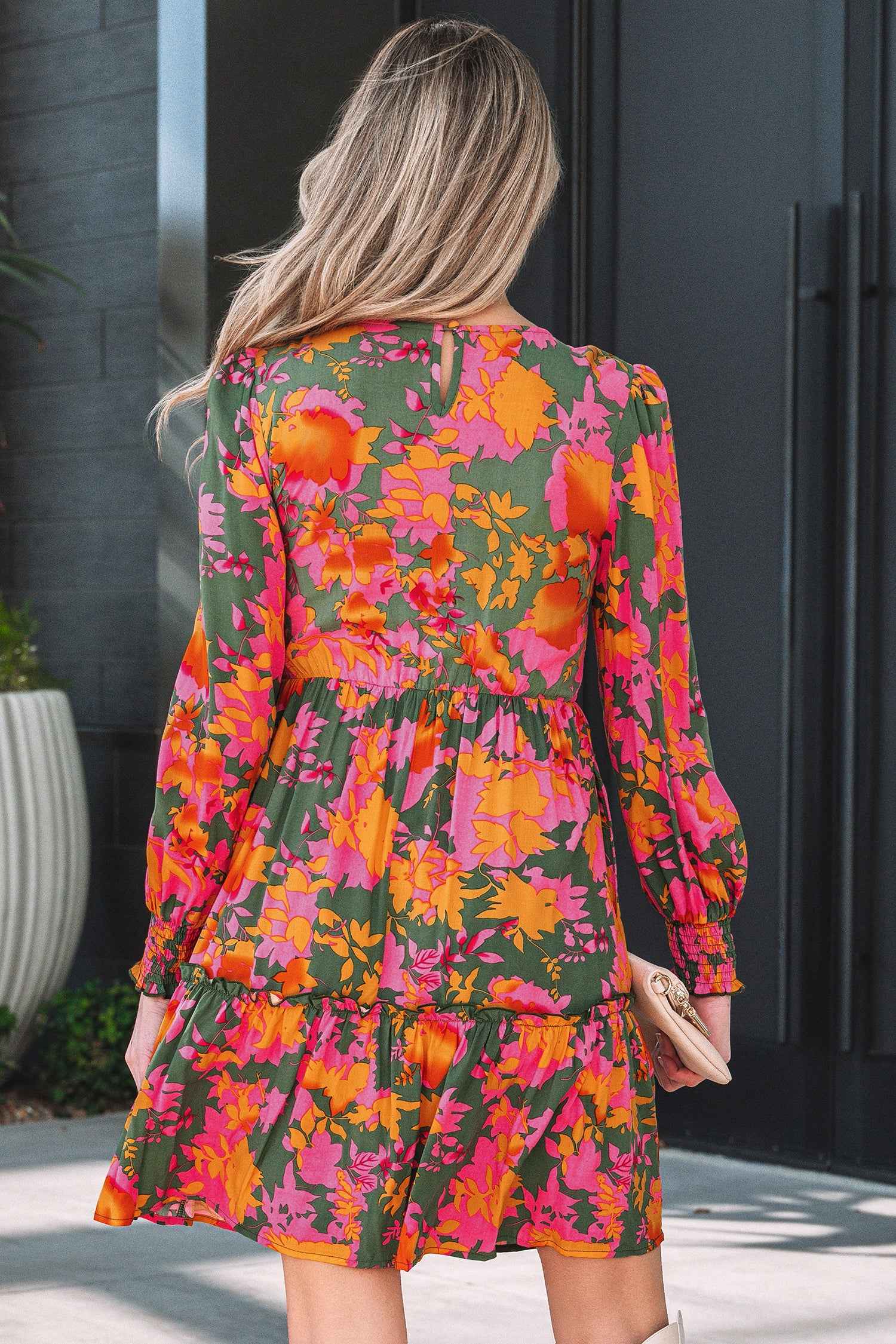 Multicolour Floral Print Long Sleeve Smocked Ruffled Mini Dress