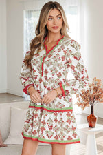 Pink Floral Print Contrast Trim Frilled Neck Long Sleeve Flared Dress