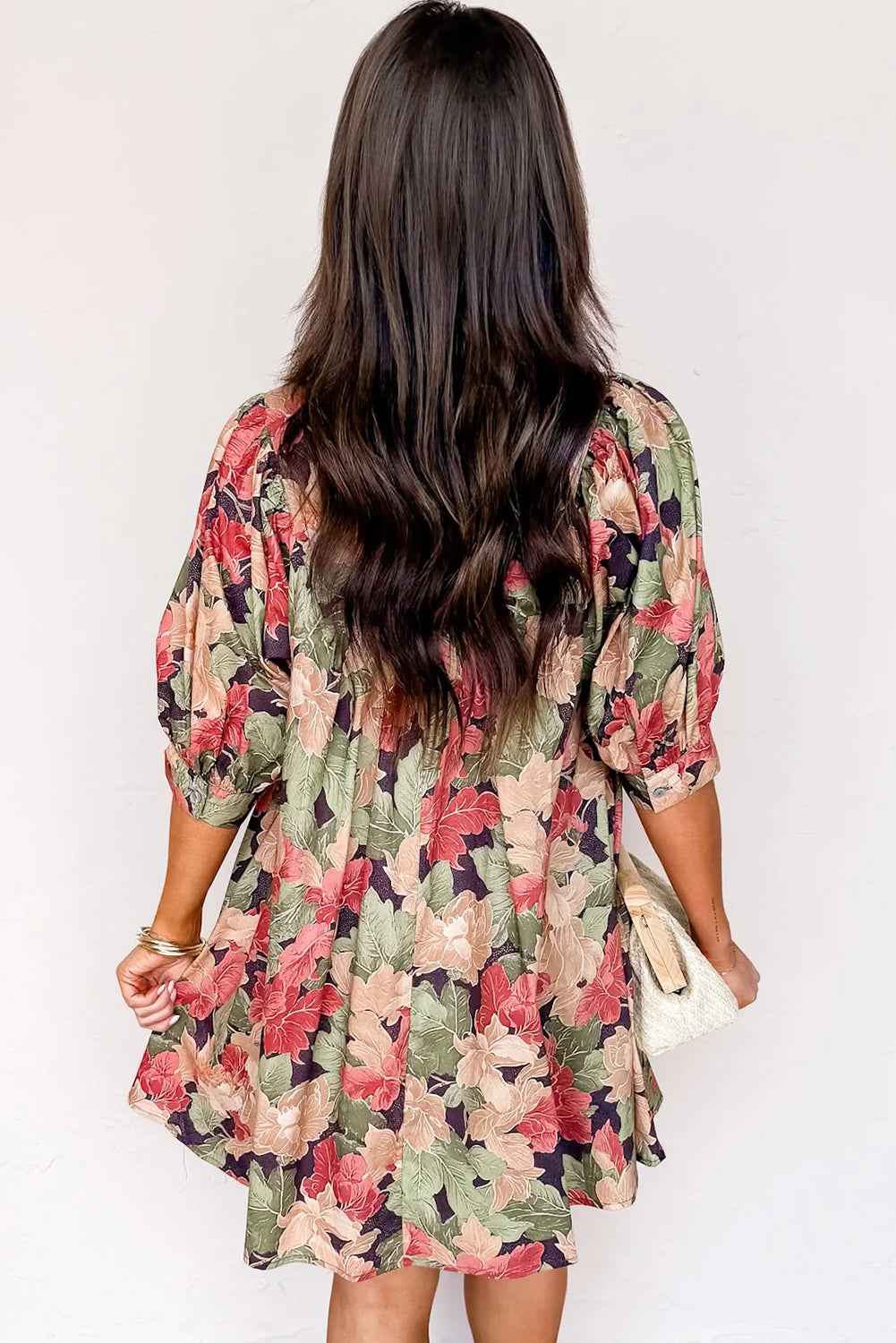 Green Floral Print Frilled Collar V Neck Half Sleeve Mini Dress