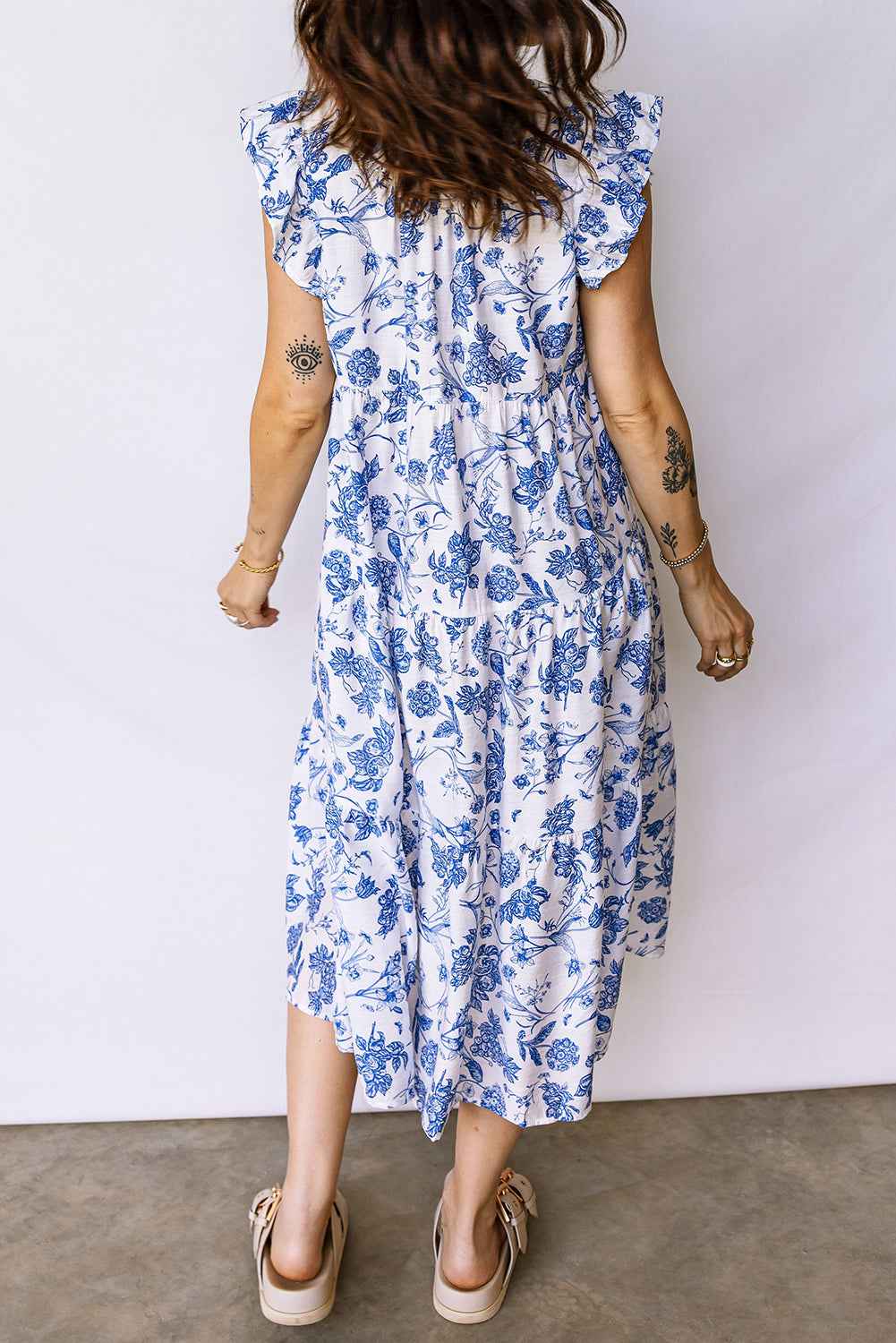 Blue Ruffled Short Sleeve Tiered Floral Midi Dress