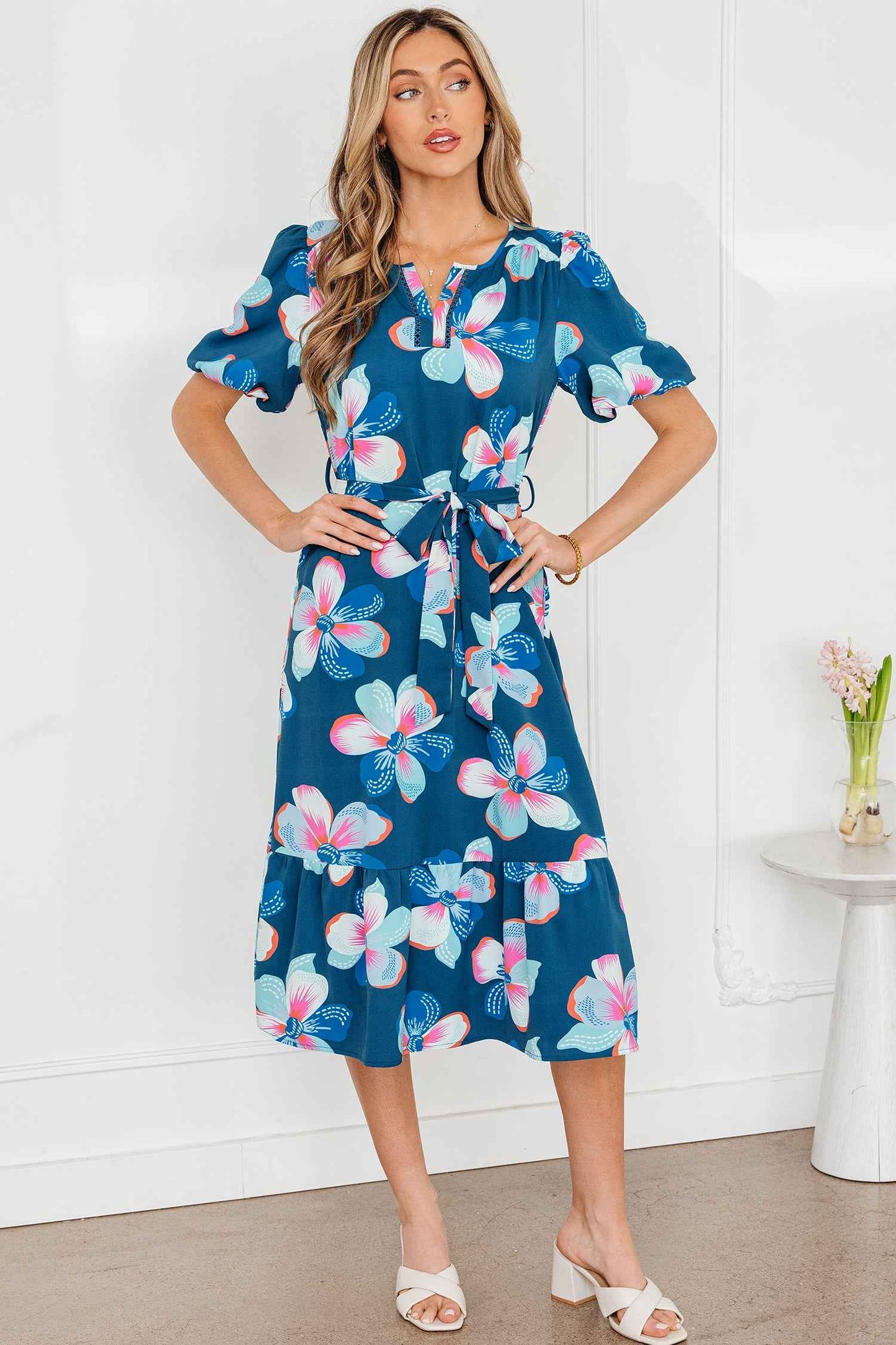 Blue Floral Print Short Puff Sleeve Ruffle Hem Belted Long Dress