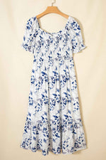 Sky Blue Smocked Bodice Short Puff Sleeve Tiered Floral Midi Dress