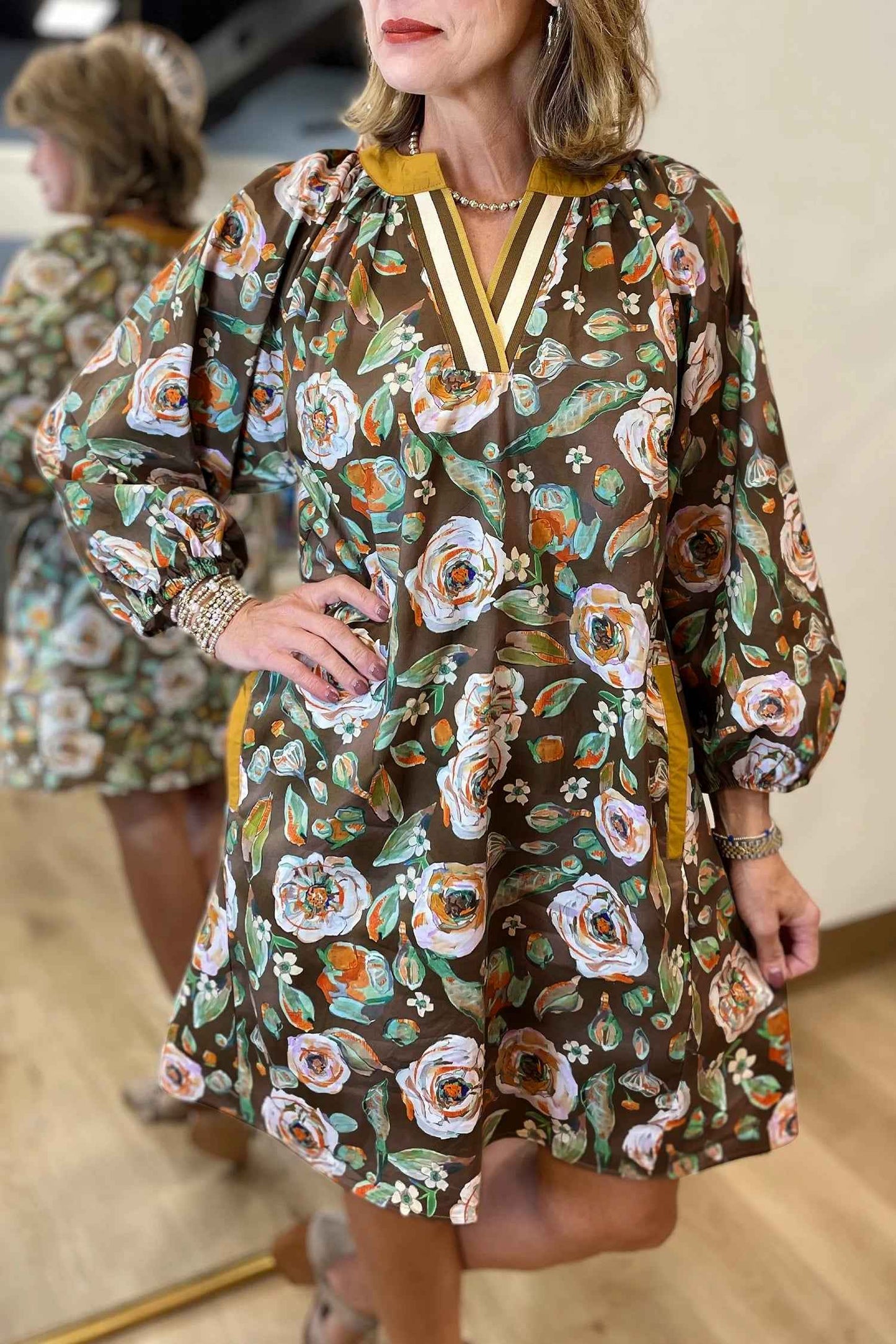 Brown Floral Print Contrast Trim V Neck Pocketed Long Sleeve Mini Dress