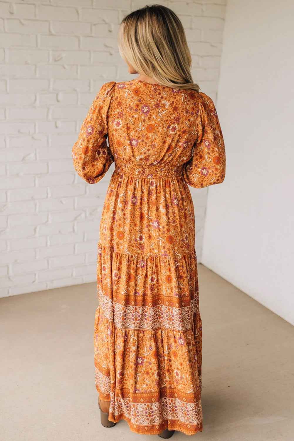 Orange Floral Print Smocked Waist Long Sleeve Boho Maxi Dress