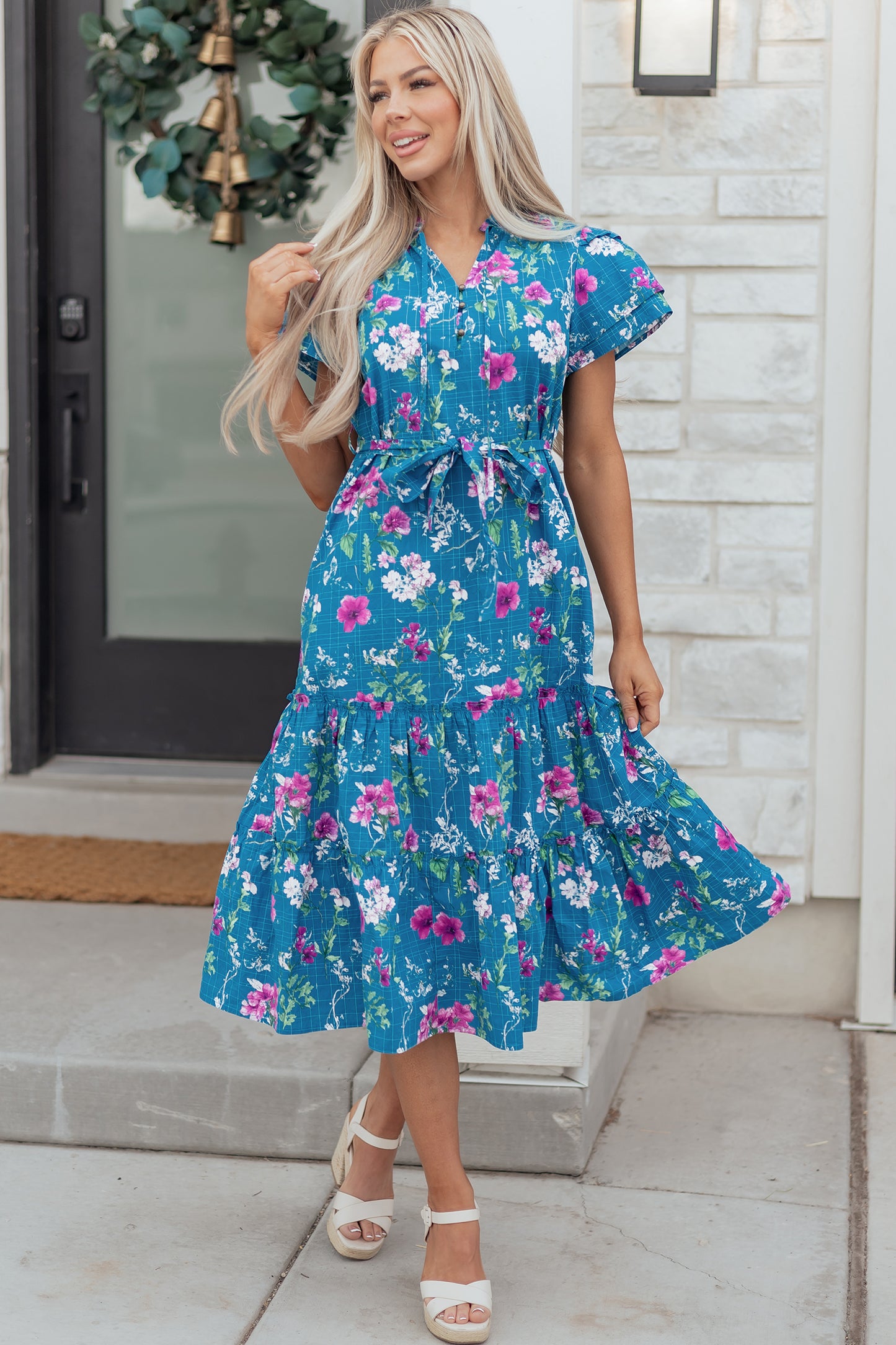 Blue Floral Flutter Sleeve Button Tie Split Neck Belted Long Dress - MarkoFit