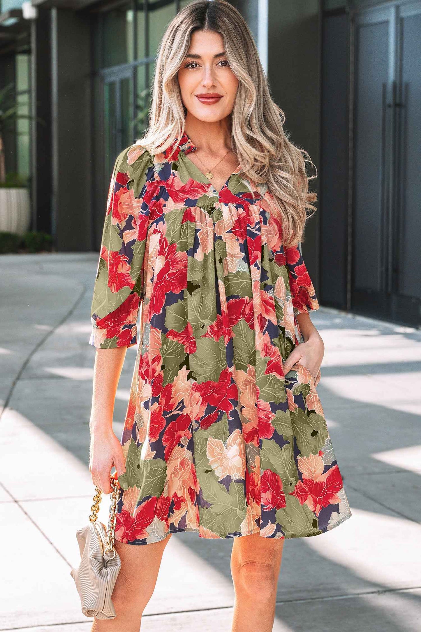 Green Floral Print Frilled Collar V Neck Half Sleeve Mini Dress