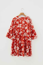 Red Boho Floral Print Lettuce Trim 3/4 Sleeve Mini Dress