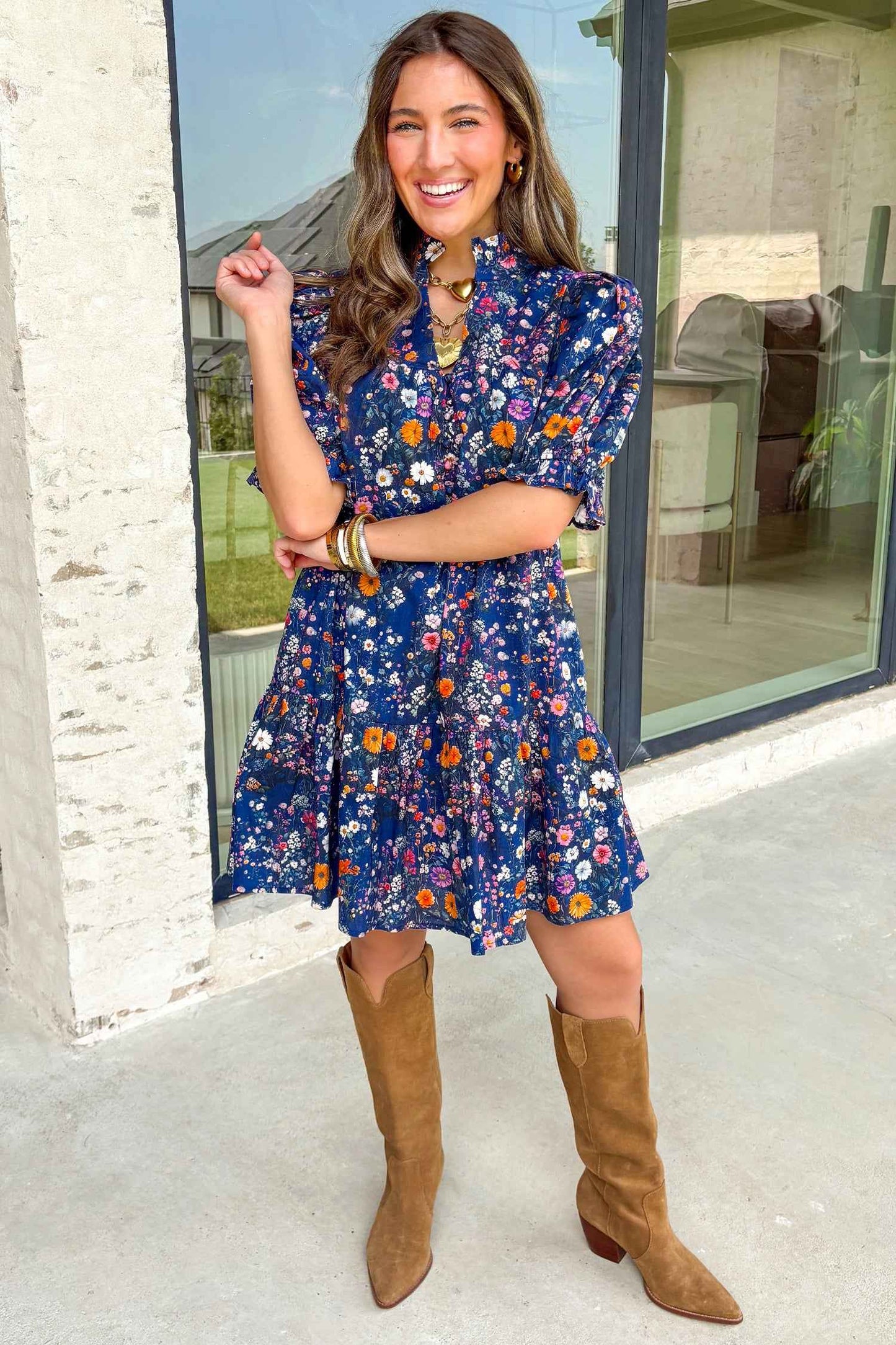 Blue Wild Daisy Floral Split Neck Short Puff Sleeve Mini Dress