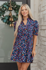 Blue Wild Daisy Floral Split Neck Short Puff Sleeve Mini Dress - MarkoFit