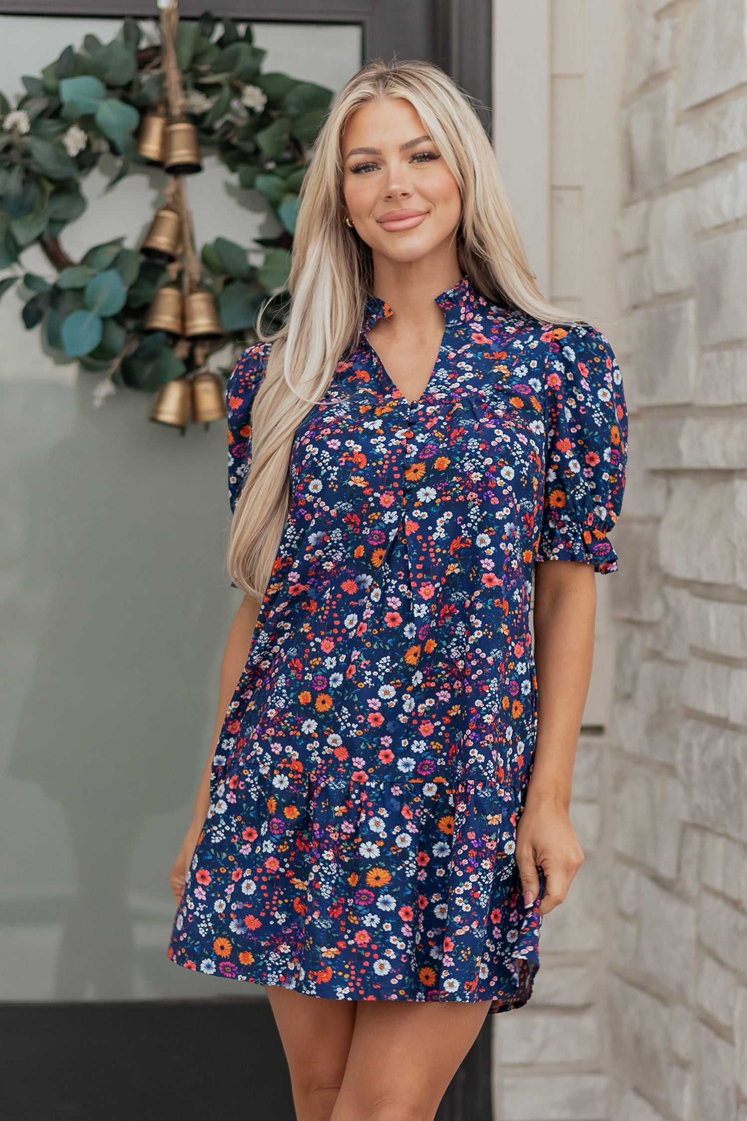 Blue Wild Daisy Floral Split Neck Short Puff Sleeve Mini Dress - MarkoFit