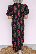 Black Floral Short Bubble Sleeve Tiered Maxi Dress