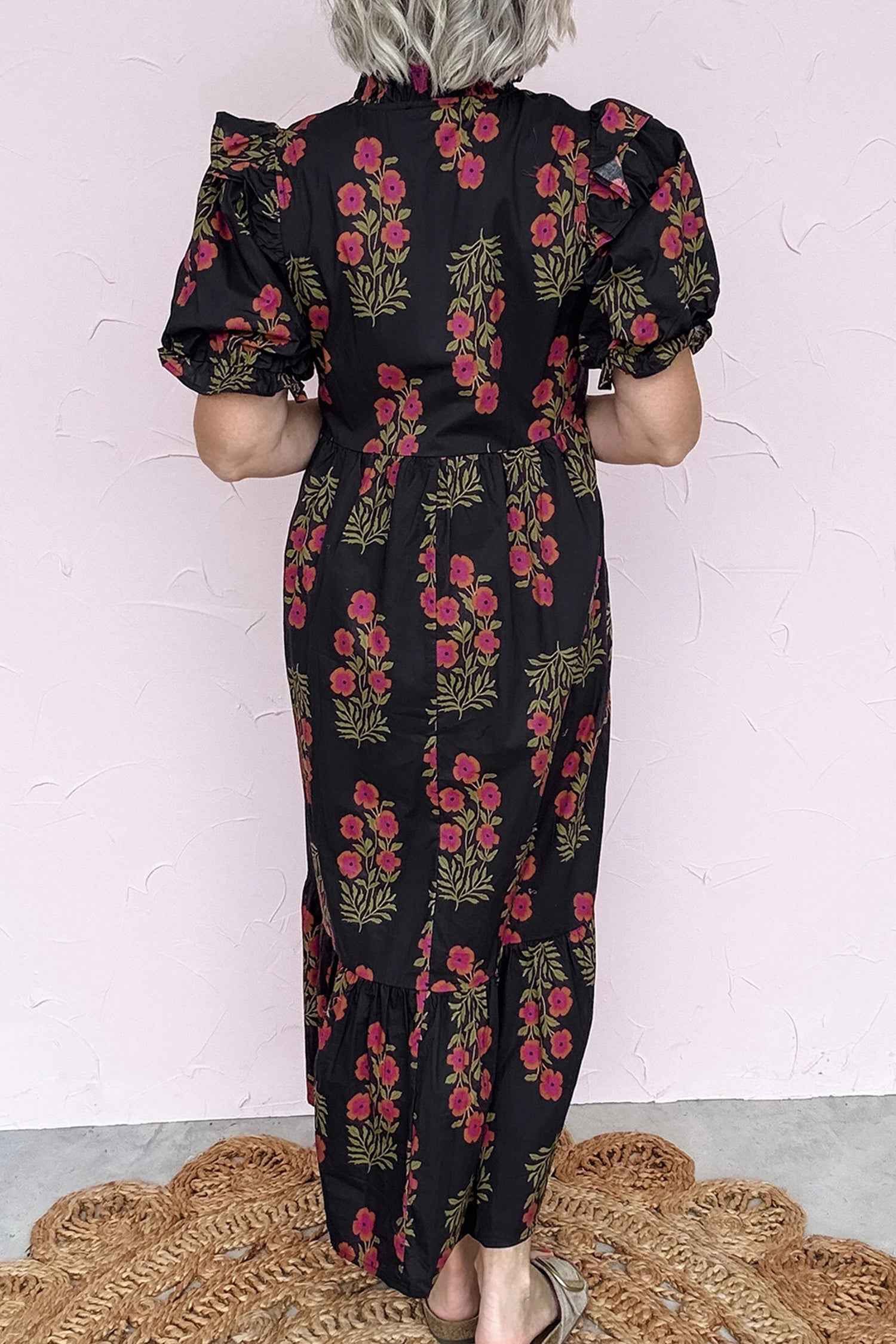 Black Floral Short Bubble Sleeve Tiered Maxi Dress