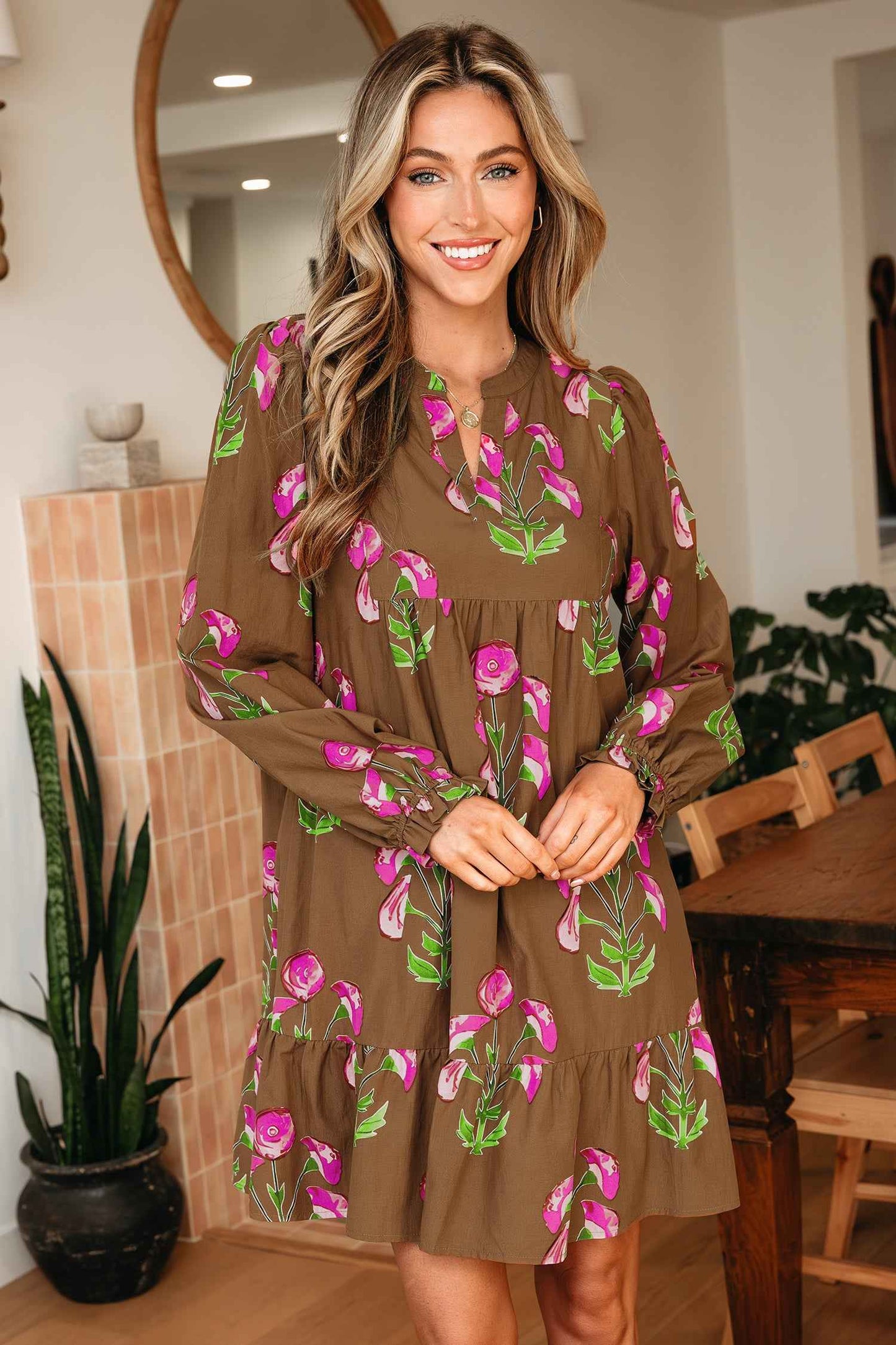 Brown Contrast Floral Print Babydoll Tunic Ruffled Hem Puff Sleeve Dress