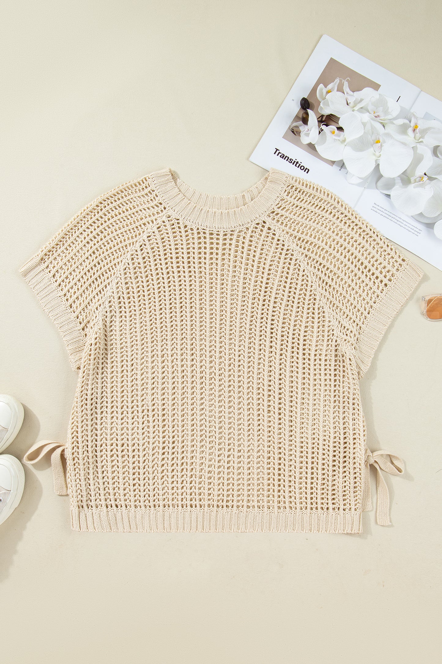 Apricot Plus Size Open Knit Bow Tie Short Sleeve Sweater - MarkoFit