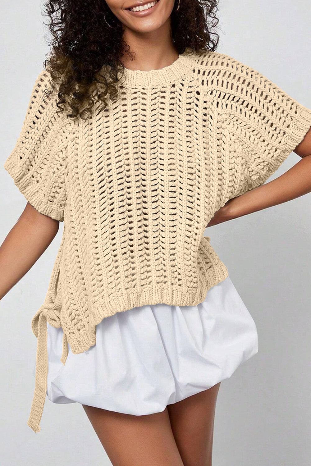 Apricot Plus Size Open Knit Bow Tie Short Sleeve Sweater - MarkoFit