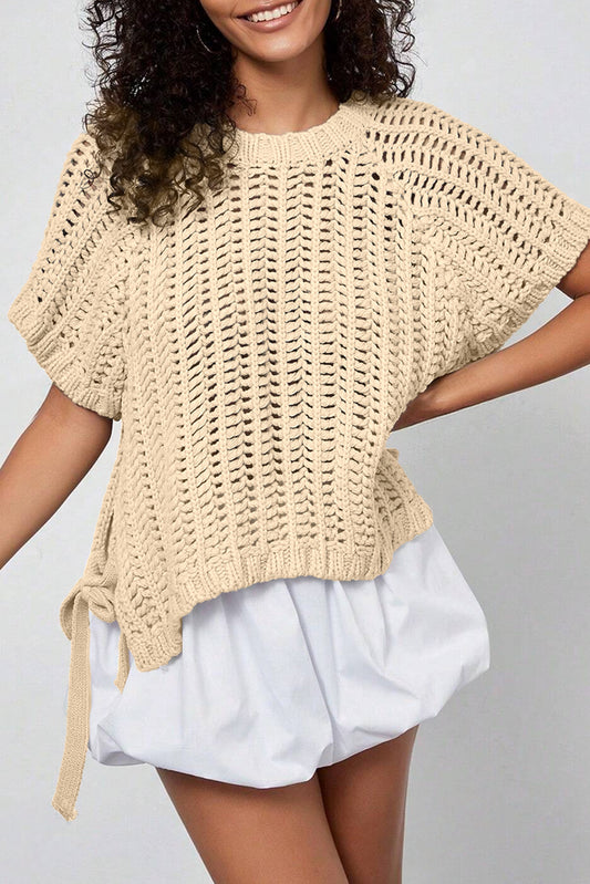 Apricot Plus Size Open Knit Bow Tie Short Sleeve Sweater - MarkoFit