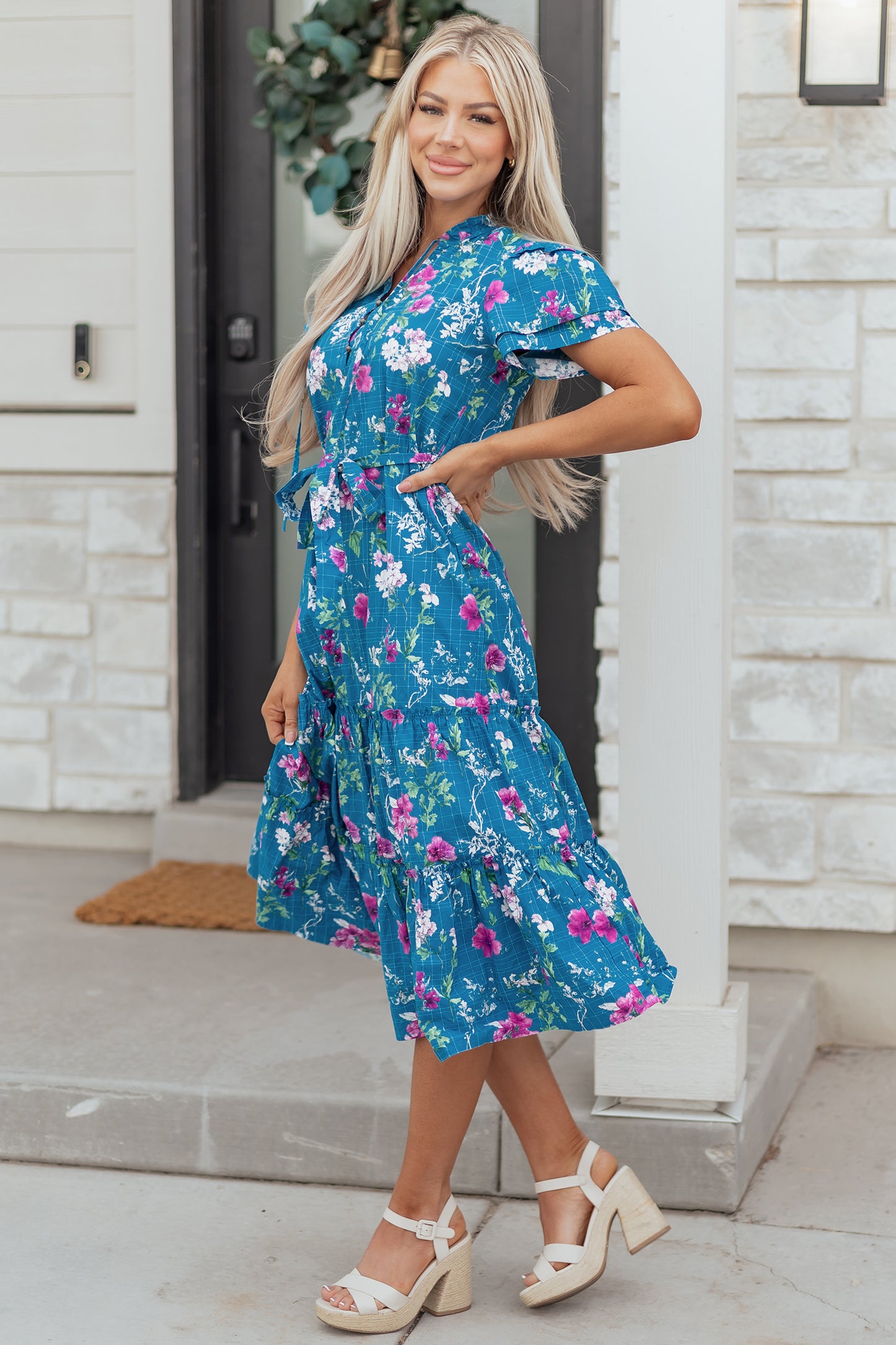 Blue Floral Flutter Sleeve Button Tie Split Neck Belted Long Dress - MarkoFit
